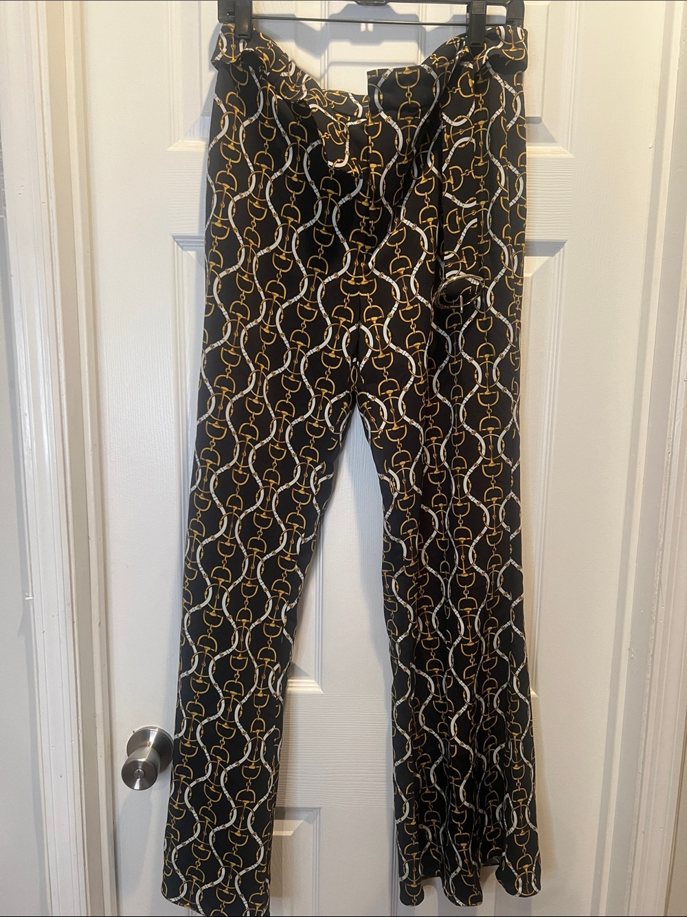 Zara Black Boot-Cut Pants with Gold and White Chain Print